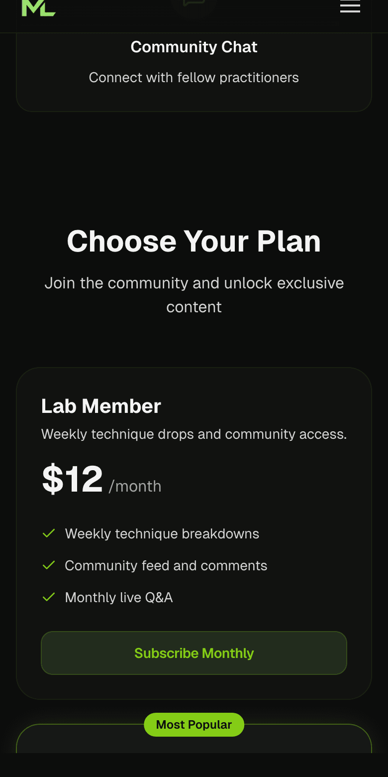 MatLinks community membership tiers with monthly Subscribe buttons